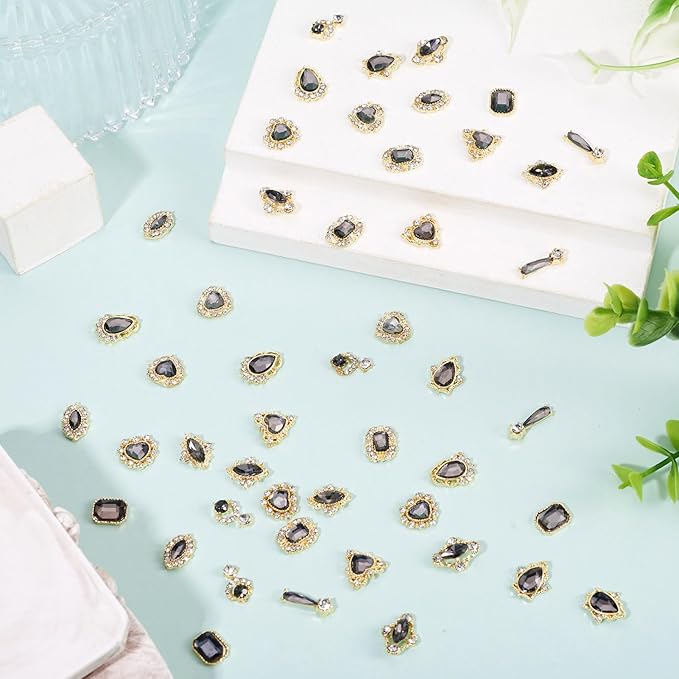 KISSITTY 48pcs Nail Art Rhinestones Flat Back Rhinestone Crystal Cabochons Gray Color Heart Teardrop Rectangle Shape Small Embellishments for Nail Art Craft Decoration Jewelry Making