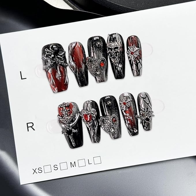 Halloween Press on Nails Handmade Manicure Art Reusable False Nails with Luxury 3D Skull Spider Web and Red Heart Designs Thick Acrylic Nail Medium Coffin Stick on Nail for Women (Size S)