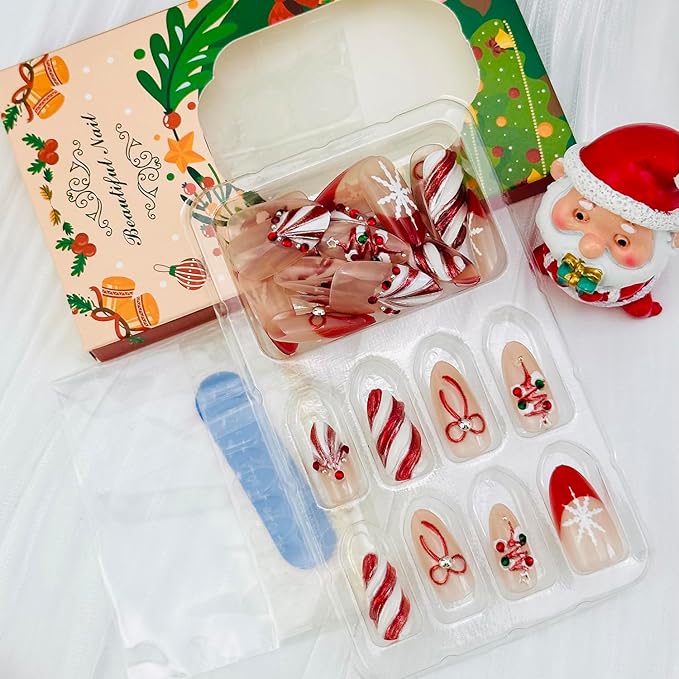 Christmas Press on Nails Medium Almond French Tip Fake Nails with 3d Bow Rhinestones Designs Winter Snowflake Glue on Nails Xmas Tree Full Cover Artificial Acrylic Nail for Women Nail Supplies 30pcs