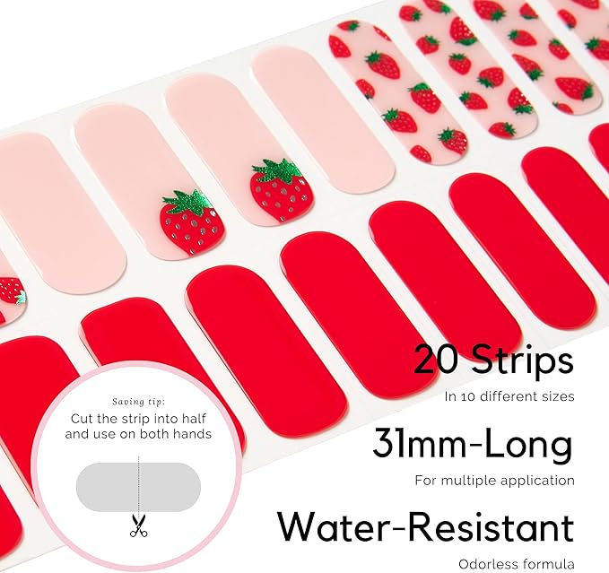 Semi Cured Gel Nail Strips - NAILOG 20 Pcs Red Strawberry Nail Stickers Extra Long Wraps with Glossy Gel Finishing for Spring, Strawberry Sorbet