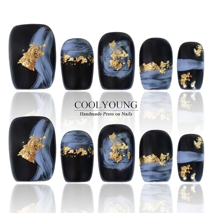 Handmade Press on Nails Short Square Black Nails for Women Acrylic Press On Nails Fake Nails With Designs Gifts For Women Thick COOLYOUNG False Nails, 10 PCS, Size L