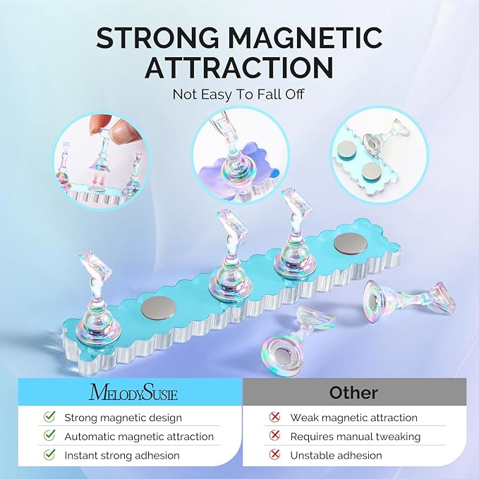 MelodySusie Nail Stand for Press Ons, 2 Sets Blue Acrylic Magnetic Base for Painting Display Holder with Reusable Adhesive Putty for Home DIY Salon Supplies