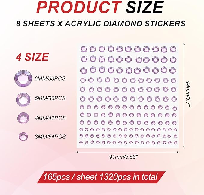 PATIKIL 1320 Pcs Acrylic Gem Sticker, 4 Size 3/4/5/6mm Self Adhesive Rhinestones Face Gem Stones Bling Jewelry for Nail Art Craft Clothes DIY Makeup Decoration Party, Light Purple