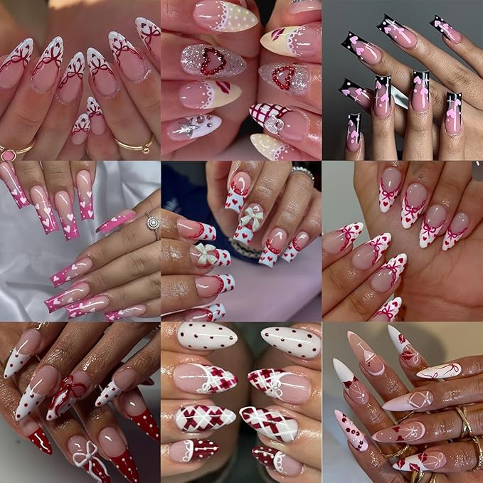6 Sheets Valentines Day Nail Art Stickers French Tip Nail Stickers Red Pink Love Bow French Designs Cute Nails Art Supplies Romantic Heart Nail Decals for Women Holiday Manicure Decorations DIY