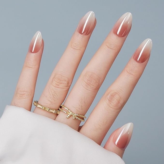 Short Press On Nails Ons Almond - Findigit Glossy Nude White Ombre Soft Gel Nails, Natural Reusable Stick On Nails with Glue On in 16 Sizes - 32 Fake Nails Kit, Almond Ombre Glazed
