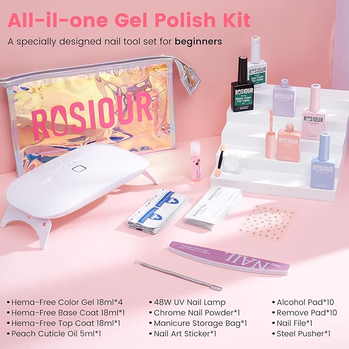 TPO and HEMA Free Gel Nail Polish Kit with U V Light - White Nude Light Pink at Home Gel Manicure Kit with Base & Top Coat Chrome Nail Powder - 4 Colors Nail Art Starter Gift for Women Girl