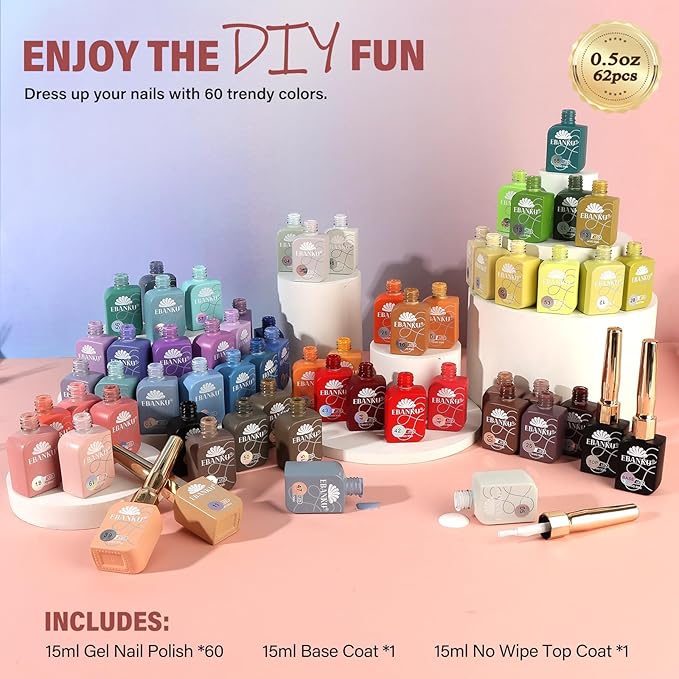 EBANKU 60 Colors Gel Nail Polish Set Same Color Same Bottle with 2Pcs Nail Gel Soak Off Gel Polish Kit Nail Art Manicure Salon DIY at Home for Women