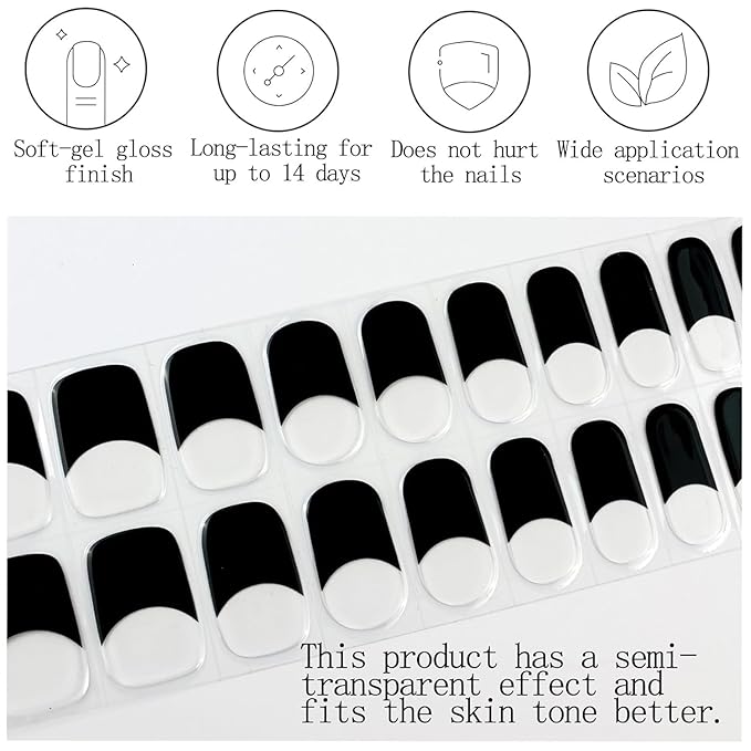 20Pcs Nude Semi Cured Gel Nail Strips Black French Tip Gel Nail Stickers Self Adhesive Polish Cover Nails Wraps UV/LED Light Needed Glossy Nails Polish Strips for Women