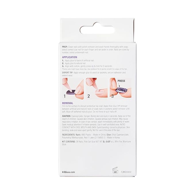 KISS Gel Fantasy Press On Nails, Nail glue included, 'Fun & Jelly', Pink, Medium Size, Coffin Shape, Includes 28 Nails, 2g glue, 1 Manicure Stick, 1 Mini File