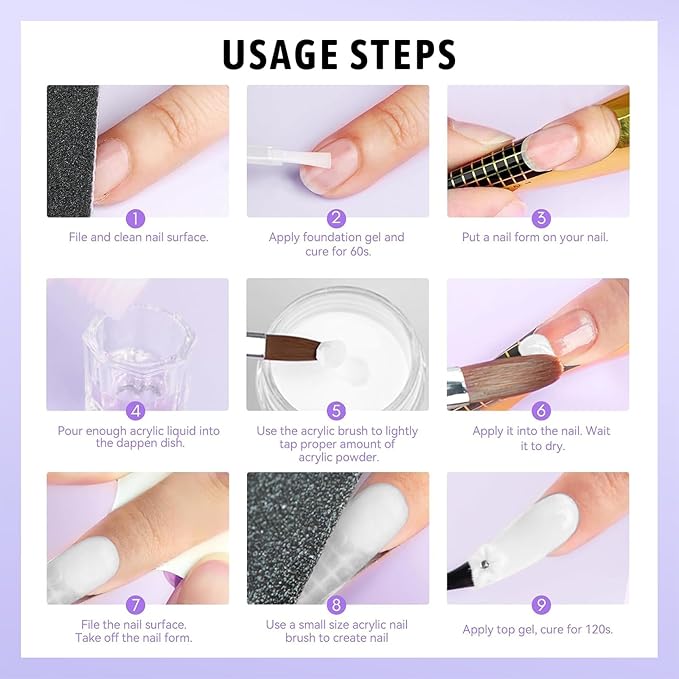 Acrylic Nail Kit 75ml Acrylic Liquid Monomer with 4 Colors Acrylic Powder and 5 Nail Brushes, Nail Extension Builder Set for Carving, French Tips, DIY Salon Manicure for Beginners