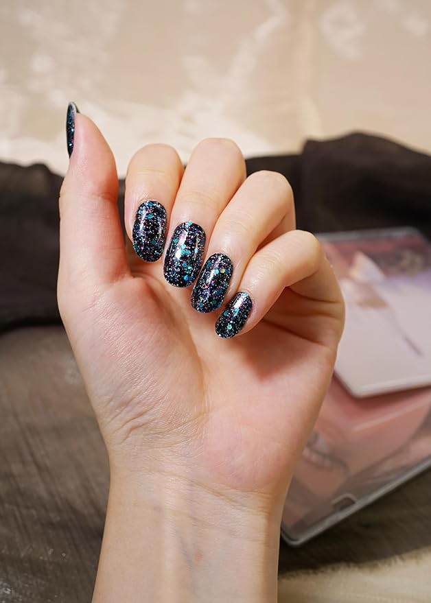 Semi Cured Gel Nail Strips, 20Pcs Long Lasting Salon Quality Wraps, Easy Apply & Remove Gel Nail Stickers with UV Light (Ember Glitz Black)