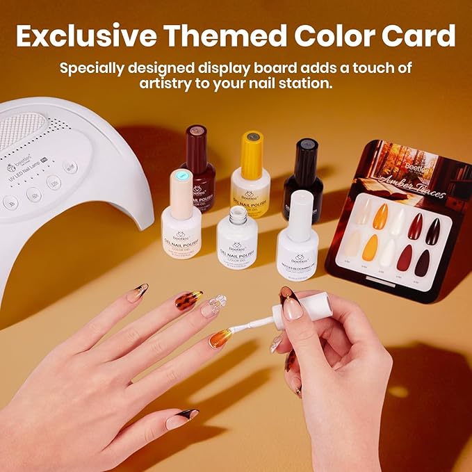 Beetles Blooming Gel Polish Set - Amber Traces 5 Colors Gel Polish Kit White Jelly Nude Brown Amber with 1 Bottle Blooming Gel 15ml Soak Off Uv Nail Art Gfit for Women