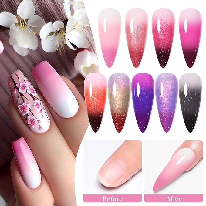 MEET ACROSS Color Changing Builder Nail Gel of 12 Temperature Shiny Changing Colors Rubber Base Gel Polish Including Pink Purple Orange Mood Changing Gel Manicure Kit for Nail Art Home DIY
