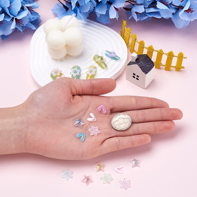 FASHEWELRY 240Pcs 3D Resin Nail Art Decoration Star Flower Heart Cabochons with Glitter Powder Studs for DIY Nail Art Decoration
