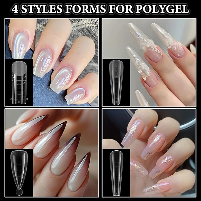 288Pcs Poly-Gel Nail Form Kit 4 Style Reusable Full Cover Nail Extension Mold Dual Forms with 4 Style Silicone Stickers Builder Gel Set for Beginners French Coffin Square Nail Crafts