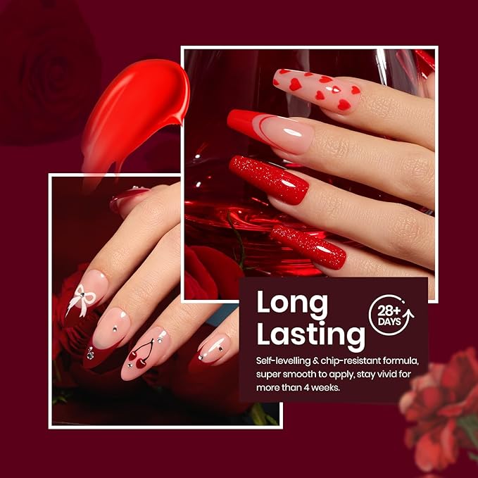 Beetles Red Gel Nail Polish Set with Top Coat, Gel Polish 6 Colors Popular Shimmer Red Burgundy Nail Art Design Soak Off Uv LED Minicure DIY Home Gifts for Women