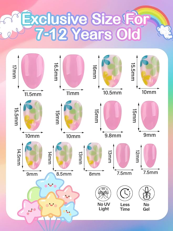 78PCS Kid Press on Nails, EBANKU 3 Pack Children Fake Nail Kit Full Cover Short False Fingernails with Nail Glue for Girl Nail Decoration（Pink Flower）