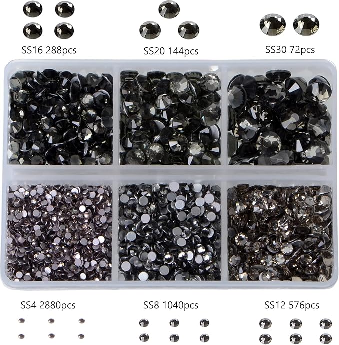 Bymitel 5000 Pieces 6 Mixed Sizes Glue Fix on Glass Rhinestones Round Crystal Gems Flatback for DIY Jewelry Making with one Picking Pen(6-Sizes 5000PCS, Black Diamond)