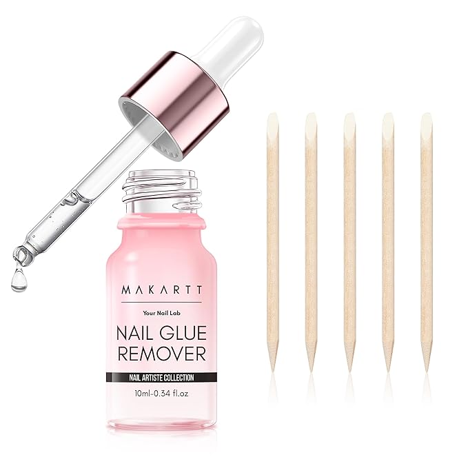 Makartt Hema-Free Nail Glue Remover for Press on Nails, Quick Debonder with 5 wooden sticks, Easy with a Dropper, Updated Formula with Vitamin E, Acetone-free for Fake Nails,Semicure Stickers 10 ml