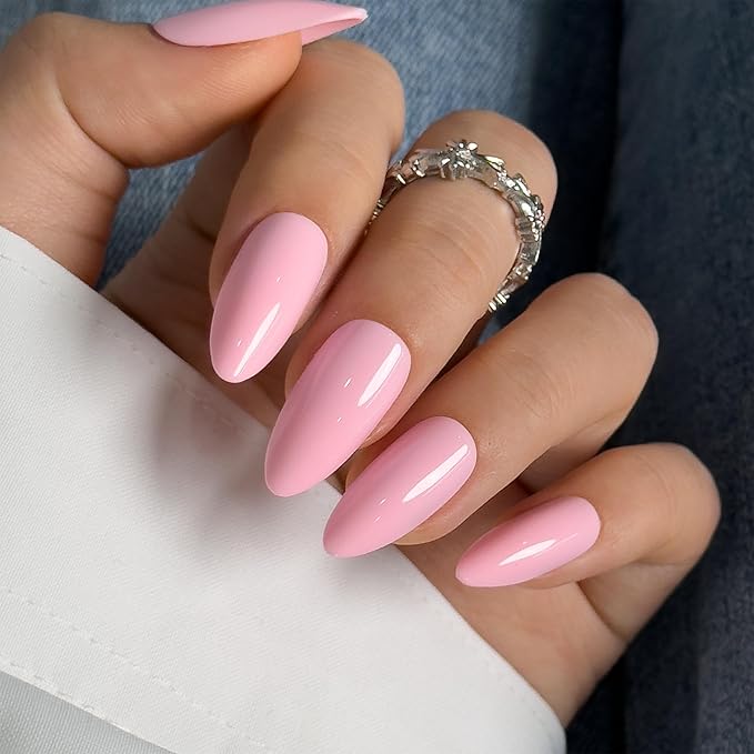 CurvLife Press On Nails Long Almond Solid Pink, Glossy Soft Gel Fake Nails, Reusable Salon Look Manicure for Women Teens Beginners, 30pcs, Daily Wear Work Party