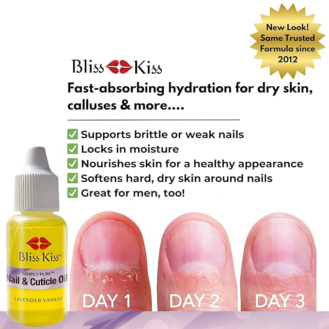 Bliss Kiss | Lavender Vanilla Fragrance | Nail Oil Cuticle Dropper w/Vitamin E & Jojoba⏤Nail Strengthener Nail Growth Serum for Brittle Peeling Breaking Thin Nails | 0.5oz | (Lavender Vanilla)