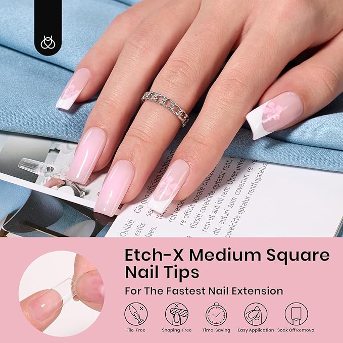 Beetles Gel Nail Tips Etch-X, Square Medium, 288Pcs 12 Sizes, Pre-Etched Half Matte Soft Acrylic False Nail Tips Full Cover Easy DIY Fake Press On Nail Extension Salon Gift for Women