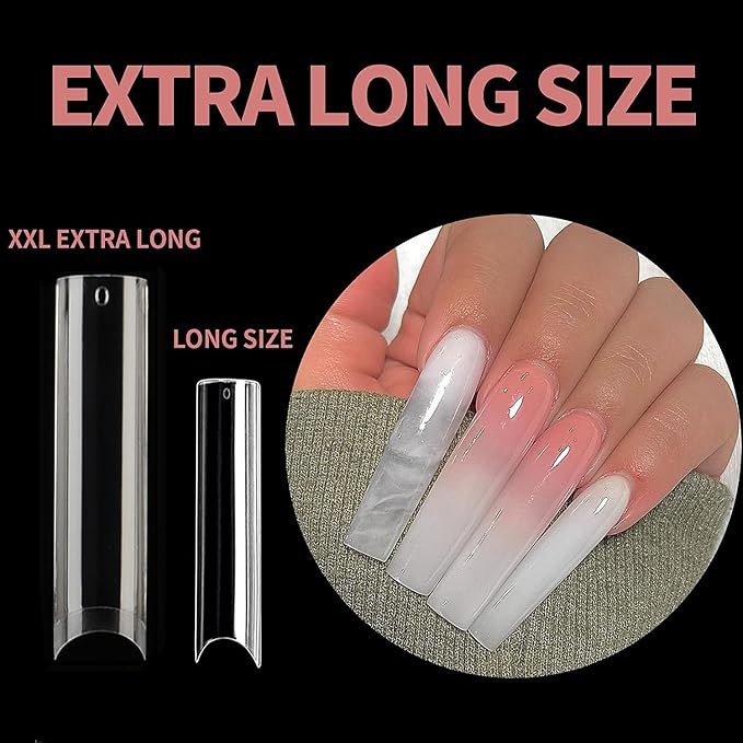 UNA GELLA Tapered Square Nail Tips XXL 216 PCS No C Curve Nail Tips Extra Long Straight Nails Half Fake No Trace for Acrylic Tips for Home DIY with Box