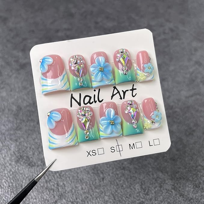 10Pcs Blue Green Duck Press on Nails Handmade Fake Nails Short French Tip False Nails with 3D Flower Rhinestone Design Acrylic Nails Press ons Summer Flower Nail Handmade Stick on Nail for Women (S)