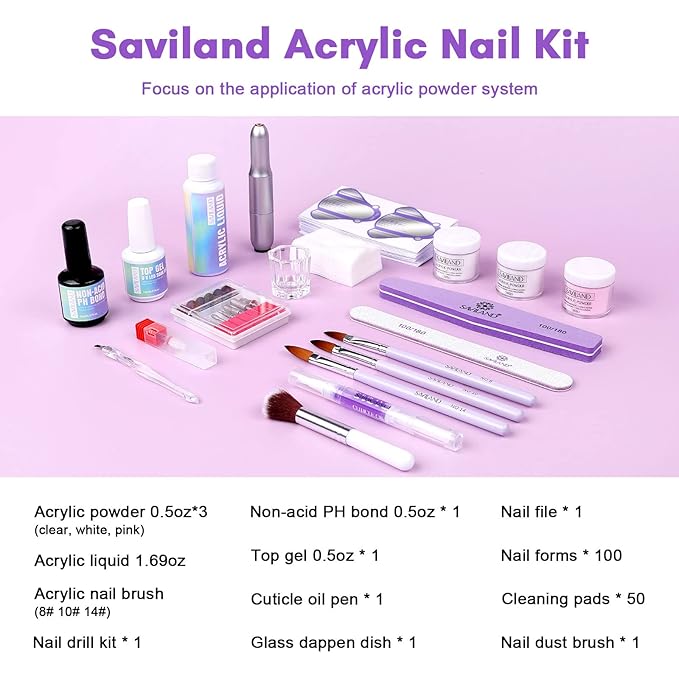 SAVILAND Acrylic Nail Kit with Drill: Professional 0.5Oz Clear/White/Pink Acrylic Powder and 50ml Liquid Set with Drill Nail Brush Forms Tool Extension Set for Beginners with Everything Home DIY Salon