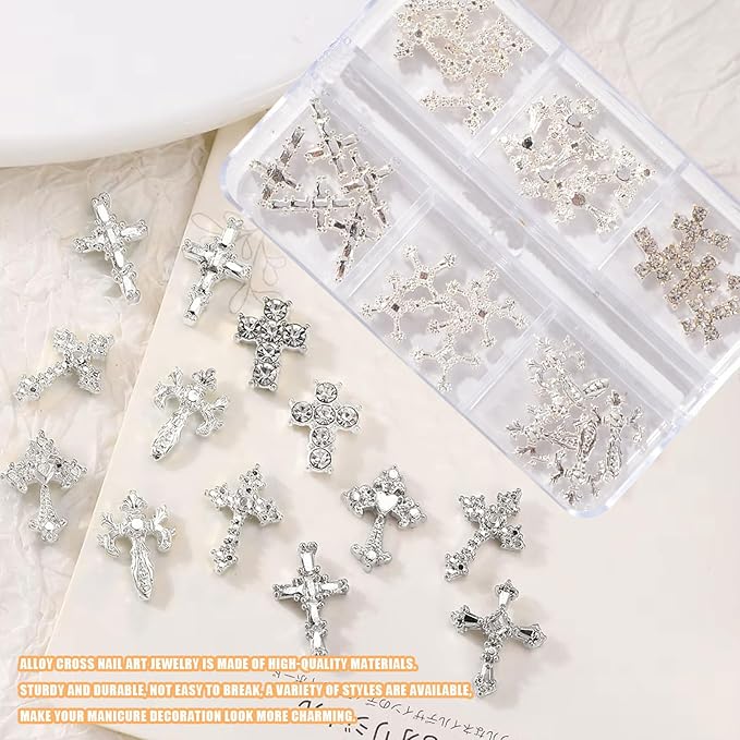 3D Cross Nail Charms for Nail Art, 60 Pcs Metal Crystal Cross Nail Decorations, Alloy Nail Studs and Rhinestones for Women Girl DIY Jewelry Crafts Supplies (Silver)