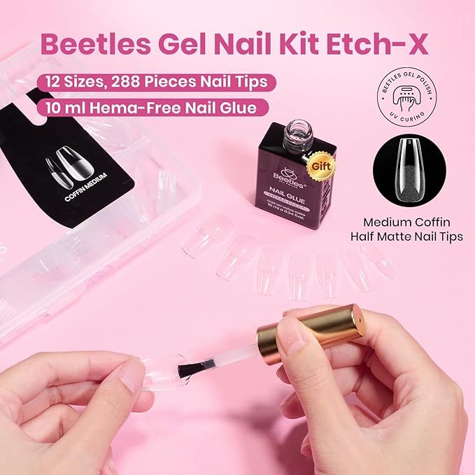 Beetles Gel Nail Kit Etch-X, Coffin Medium, 288pcs 12 Sizes Nail tips, with 10ml Hema-Free Nail Glue Gel, for Acrylic and Clear Press On Nail, Pre-Etched Half Matte Extension Set for Home DIY