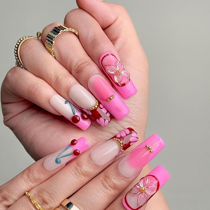 Pink Gradient Press on Nails Long Coffin Fake Nails 3D Luxury Flower Cherry Pattern Design Spring Summer Fruit French Tip Thick False Nails Golden Steel Ball Acrylic Nail for Women Nail DIY (Size S)