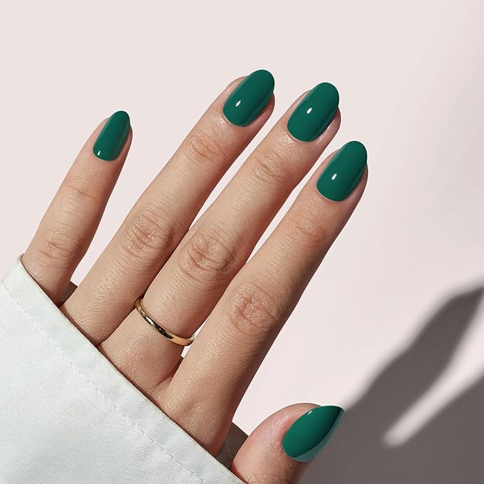BTArtbox Press On Nails Short - Dark Green Press on Nails, Short Oval Fake Nails with Nail Glue, Natural Reusable Stick on Nails in 16 Sizes Soft Gel Nail Kit, Pine Needle