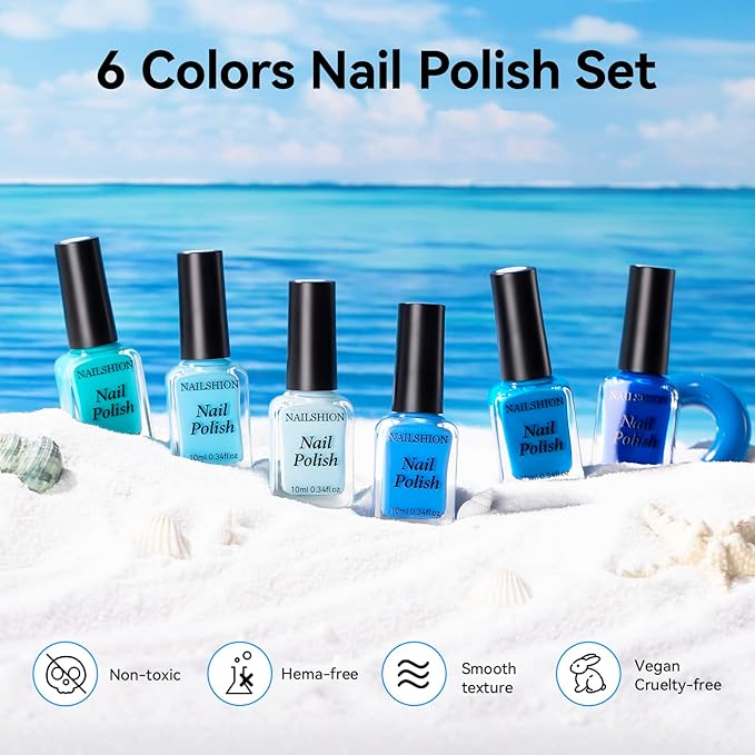 Blue Nail Polish Set: 6 Colors Light Blue Dark Navy Teal Ocean Baby B lue Collection Toe Fingernail Polish, Quick Dry Non Gel, High Gloss Shine, Healthy Nail Art DIY Manicure Gift