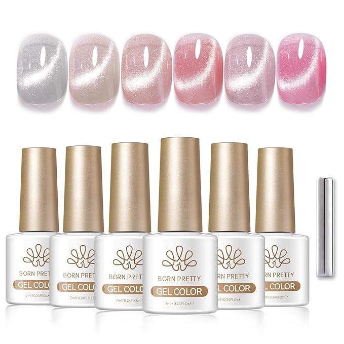 Born Pretty Cat Magnetic Eye Gel Nail Polish Set,6 Color Nude Pink Silver Shimmer Glitter Holographic Magnetic Soak Off U V Gel Polish DIY Art for Girls Women 7ML