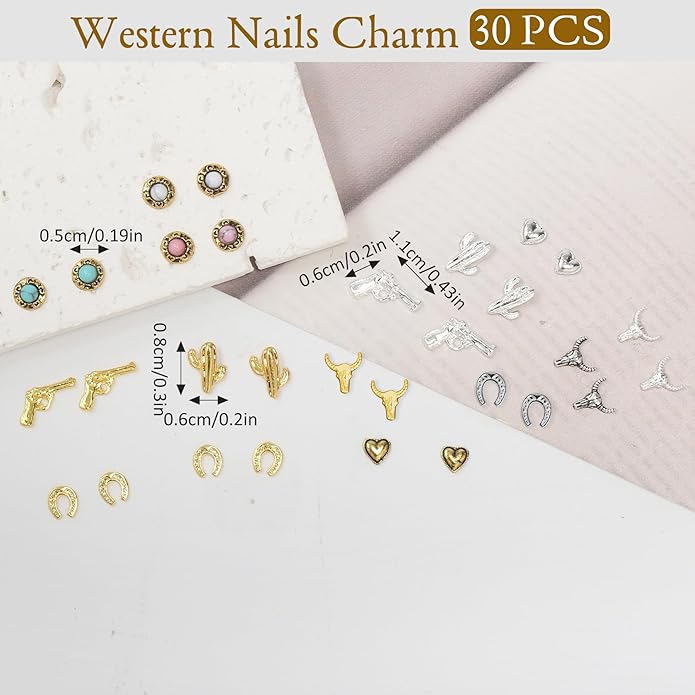 30 PCS Western Nail Charms - 3D Vintage Cowboy Cowgirl Nail Charms, Turquoise, Gold, Silver, Pink, Blue Retro Metal Gem Western Art Stickers Accessories for DIY