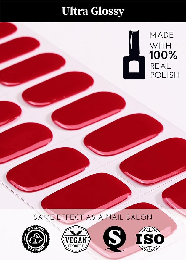 Semi Cured Gel Nail Strips, 20Pcs Long Lasting Salon Quality Wraps, Easy Apply & Remove Gel Nail Stickers with UV Light (Passionate Red)