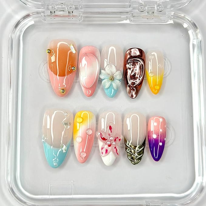 Luxury Press on Nails Medium Almond Handmade 3D Unique Reusable ABS Material Fake Nails Chrome French Tip False Nails with Designs Pearls Floral Art Petal Glossy Glue on Nails Thick Acrylic Nails(S)