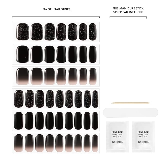 Dashing Diva Glaze Nail Strip 3-in-1 Kit - Best of Noirs - Long Lasting, Chip Resistant, Semi-Cured Gel Nail Strips - Contains 96 strips, 3 prep pads, 3 manicure sticks, 1 nail file