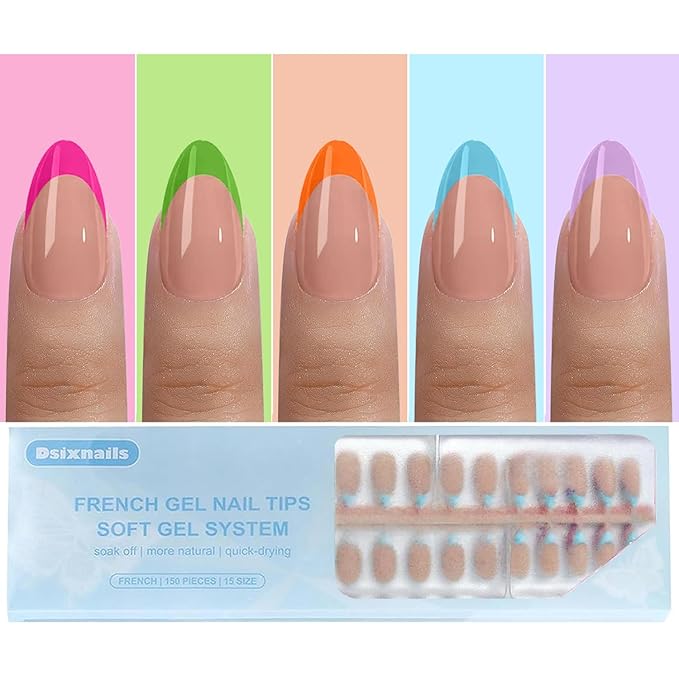 150pcs Short French Tip Press on Nails, 5 Styles Soft Almond French Tip Nails 15Sizes, Pre-lasting No Need to File Acrylic Gel Fake Nail Tips, False Nail Tips Extension for Women Nails