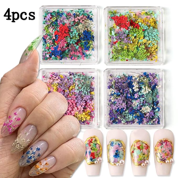 4Box 3D Dried Flowers Nail Art Stickers Colorful Dry Flower for Nails Kit - DIY Mini Mix Flower Petals Nail Stickers Natural Floral Dried Flower Decals for Nails Design Manicure Accessories Craft