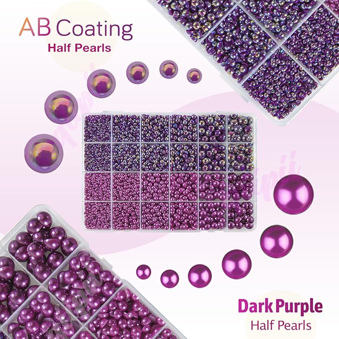 2 Styles Solid Purple+ Dark Purple AB Flatback Pearls for Bedazzling Crafting 3mm-10mm Half Round Beads Gems Bedazzler Kit for Nails Face Eyes Makeup Tumblers Bottles DIY Crafts Shoes﻿ Phones