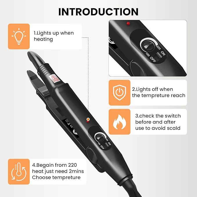 TopWigy Professional Hair Extension Tools, Ktip Extensions Tools Kit Hair Connector Fusion Heat Iron Connector Wand Temperature Adjustable Melting Tool