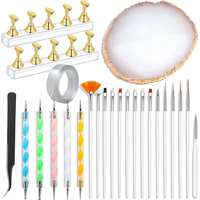 24 Pieces Nail Art Tools Kit Resin Nail Art Palette Acrylic Silicone Engraving Pen Dotting Pen Mixing Palette Detail Brushes Tools for Nail Art DIY Home Salon Makeup Display (Gold)