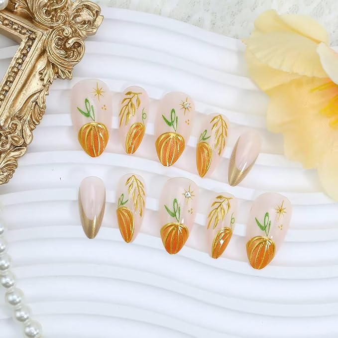 24Pcs Fall Press on Nails Medium Almond Fake Nails Gold French Tip False Nails with Gilding Pumpkin Star Gems Design Autumn Full Cover Artificial Glue on Nails Thanksgiving Stick on Nail for Women DIY
