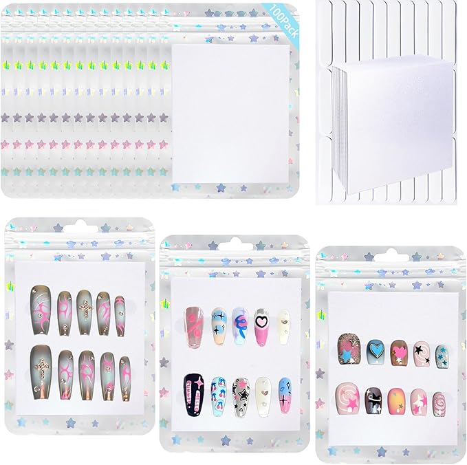 100 PCS Press On Nails Packaging Bag Holographic Nail Storage Bag and 100PCS Shiny White Pearl Card with 7 Sheets Pre-cut Nail Tape (White Star)