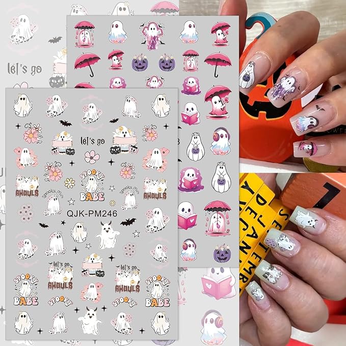 Halloween Nail Art Stickers - 3D Pumpkin, Spooky Ghost, Spider Web, Bats Decals - Self Adhesive Nail Design Stickers for Women DIY - 8 Sheets Decoration