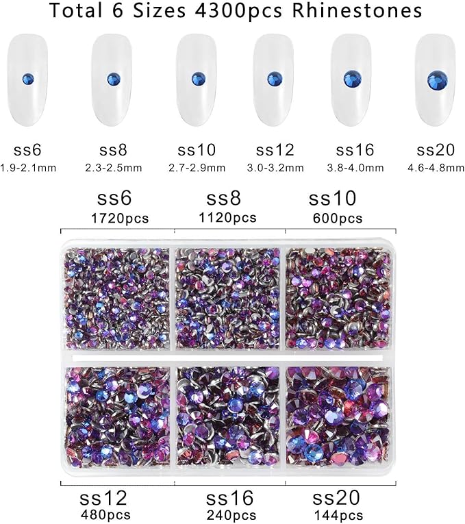 Beadsland 4300pcs Flatback Rhinestones,Purple Rhinestone Nail Gems Round Crystal Rhinestones for Crafts,Mixed 6 Sizes with Picking Tweezers and Wax Pencil Kit, SS6-SS20,Purple Velvet