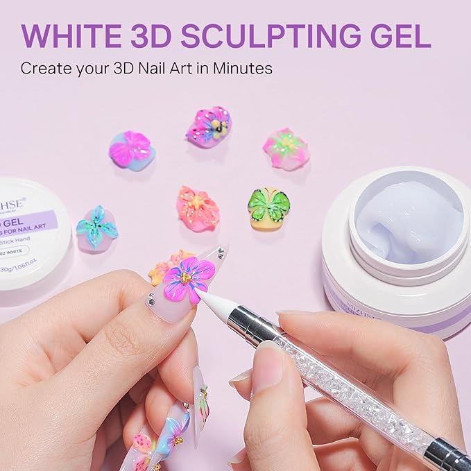 MIZHSE White 3D Sculpting Nail Gel and 9 Colors Patting Gel Polish Kit，3D Gel Nail Art Ombre Soak Off U V LED Painting Gel Set with Sponges, for Home & Salon Use