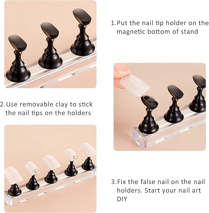 4 Sets Acrylic Nail Display Stand Nail Holder Magnetic Nail Practice Stand Fingernail DIY Nail Design Stand for False Nail Manicure Tool (Black)